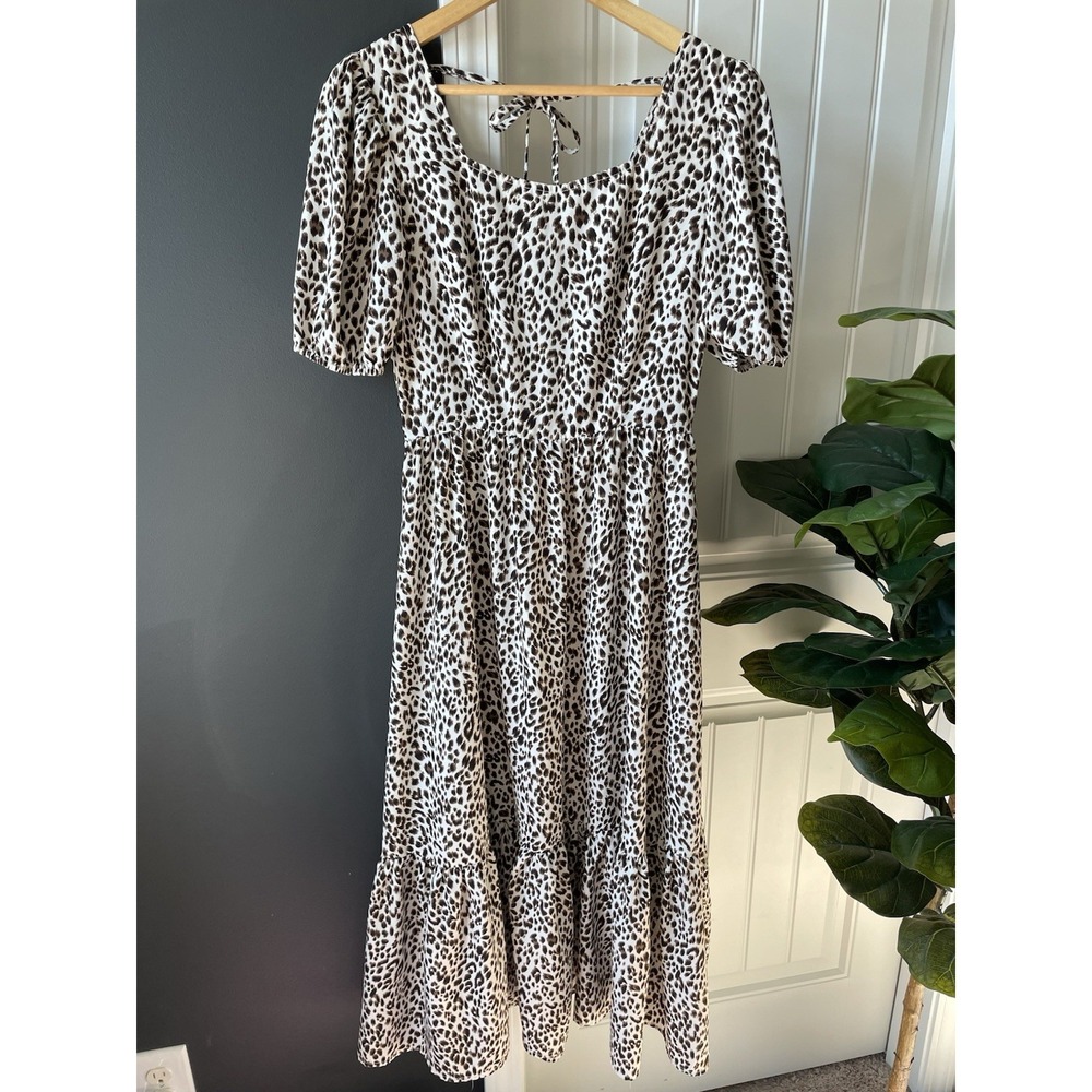 PRETTYGARDEN M Leopard Print Midi/Maxi  Dress Puff Sleeve Tie Back Ruffle Hem
